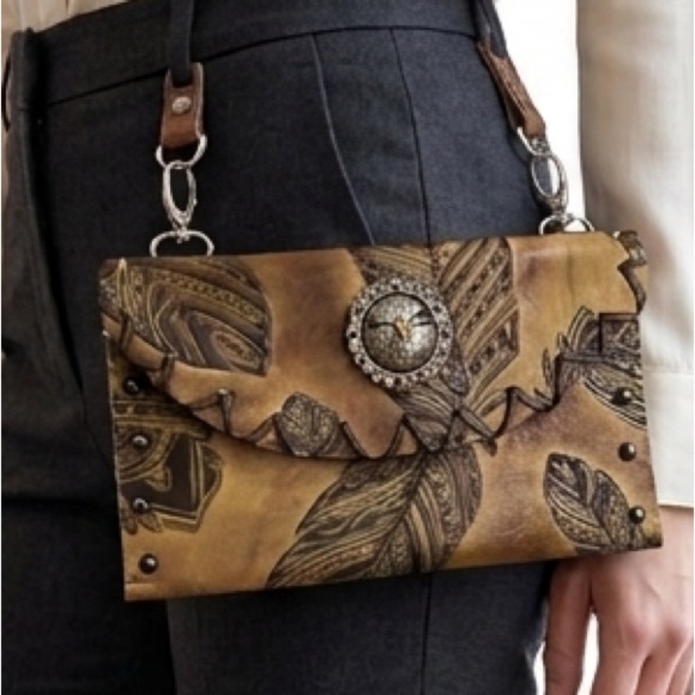 Vintage Western Hand-Tooled Leather Feather Clutch with Longhorn Concho